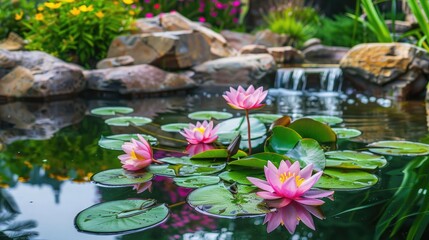 A serene and peaceful garden pond with lilies, symbolizing tranquility and happiness
