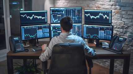 Trader analyzing stock charts on multiple monitors in modern office