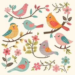 Cute Colorful Birds and Flowers Illustration for Greeting Cards and Spring Designs