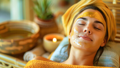 The woman with long hair is sitting comfortably in a chair, wearing a yellow face mask