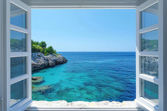 Fototapeta Beautiful view from open window of room hotel overlooking blue sea with clean crystal water in sunny day, mediterranean scenic landscape