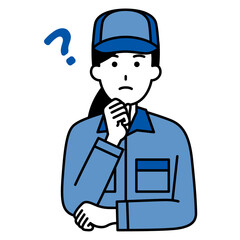 アイデアを考えるつなぎ作業服の女性