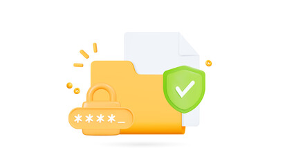 3D Yellow folder with lock, pin code and file. Access to documents and confidentiality. Data security and protection. Privacy archive. Cartoon creative design icon. 3D Vector illustration