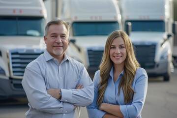 Male and Female Sales Leaders Amid Truck Lineup