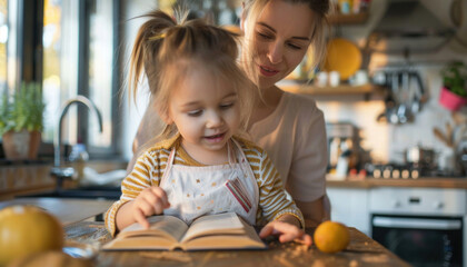 A woman and a girl are reading a book in the kitchen, appearing happy and interested in the content