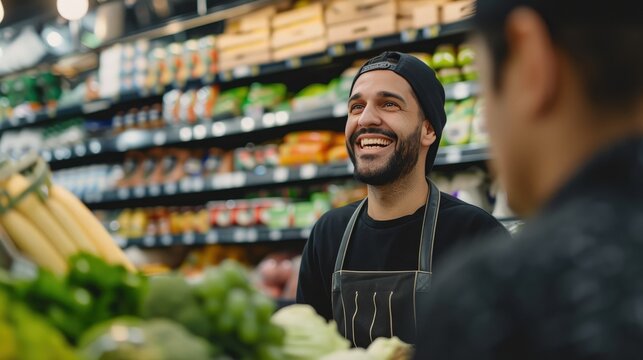 Smiling supermarket staff helping a client