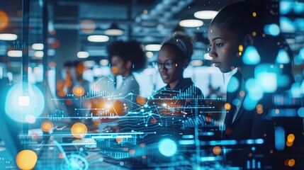 Collaborative Tech Team with Abstract Digital Overlay