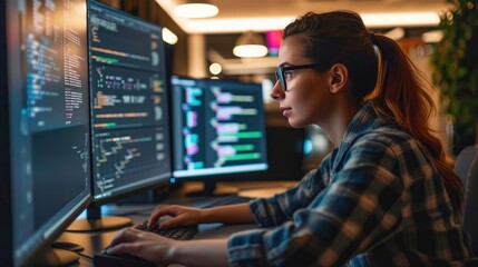 Tech Savvy Woman Coding in Casual Workplace