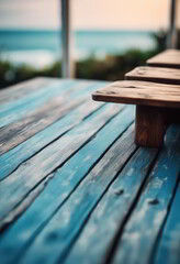 Fototapeta premium Table or Wooden Floor With Blur Ocean in the Background