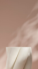 3d image render empty scene beige curved cylinder podium in portrait peach color wall