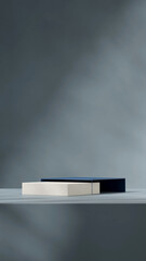 in portrait gray wall background, 3d render image template mockup blue table and ceramic podium