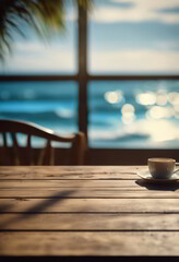 Obraz premium Table or Wooden Floor With Blur Ocean in the Background
