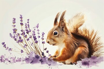 A squirrel sitting near delicate lavender flowers, with its ears perked up, looking curiously at the surroundings