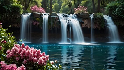 Serene waterfall cascading into a crystal clear pool, surrounded by lush greenery and pink flowers. Nature, tranquility and beauty.