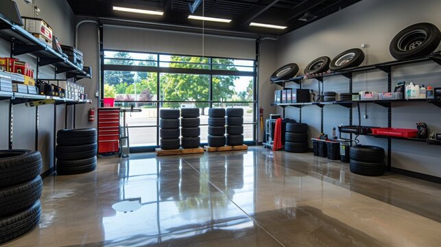 A well-lit garage with stacks of tires, organized shelves, and a large window overlooking a green landscape. The polished concrete floor reflects light and adds a sleek touch to the space.