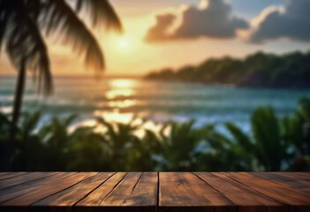 Fototapeta premium Table or Wooden Floor With Blur Ocean in the Background