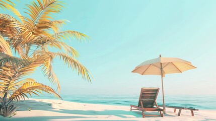 3D render of a summerthemed background banner or poster featuring a sun lounger with an umbrella on the sand among palm trees Perfect for advertising travel and vacation