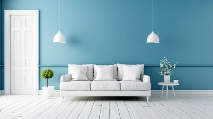 Front view of a blue-yellow living room with plain walls, white sofa. Simple and clean design creates a calm and peaceful atmosphere. Perfect for modern interior photography and home decorating inspir