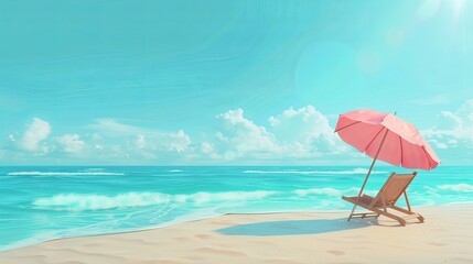 3D rendering of a cartoonstyle seashore background featuring a blue sea sandy coast deck chair and beach umbrella Ideal for a summer banner