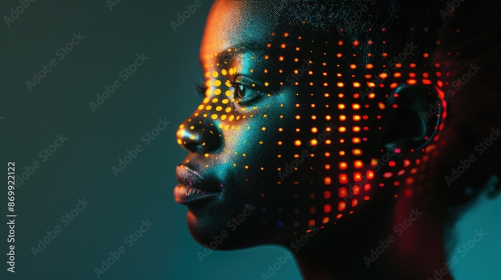 Wall mural vibrant portrait of a person with colorful light patterns, creating a futuristic and artistic visual