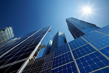 Obraz premium Solar Panels on Skyscrapers Reflecting Sunlight Representing Urban Renewable Energy Solutions and Modern Architecture