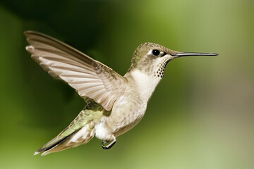 Hummingbird in Flight with Detailed Feathers and Green Background


