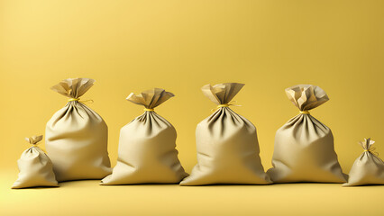 A row of bags with yellow ties are lined up on a yellow background