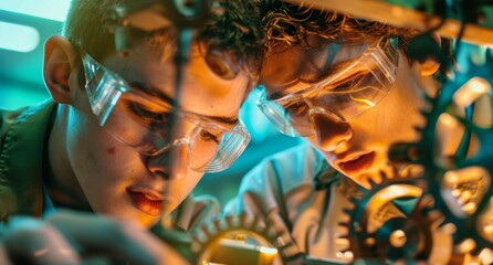 Two young men in safety goggles intently working on a mechanical project