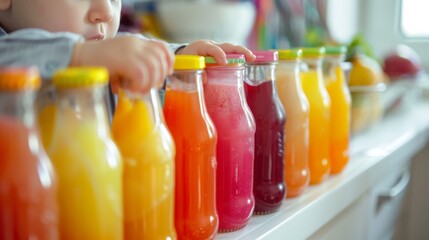 The child chooses fresh fruit juice in bottles. Healthy Lifestyle. A natural source of vitamins