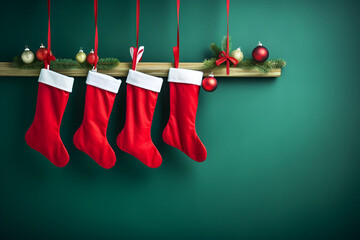 Christmas red stockings filled with presents, green background, copy space. New Year celebration