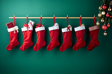 Hanging red Christmas stockings filled with gifts and presents, green background