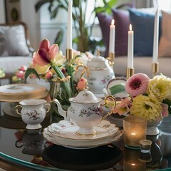 A stunning photograph of a beautifully decorated coffee table. The centerpiece features an array of vibrant flowers.