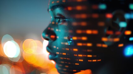 Profile of a person with abstract digital code projection, representing technology, future, and digital transformation.