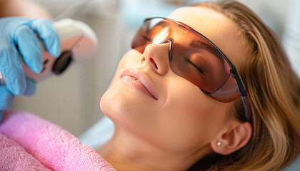 During the laser treatment, a woman is having her face worked on by a professional