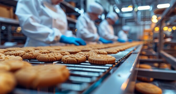 Industrial food production with workers on a conveyor belt in a modern bakery