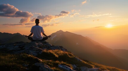 Fototapeta premium Person meditating on a mountain peak during a serene sunset, surrounded by breathtaking nature and a tranquil atmosphere.