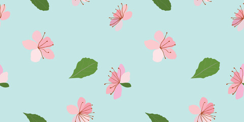 Seamless vector illustration print with cherry bloom flowers and leaves on light background. Vintage and  botanic trendy wallpaper pattern