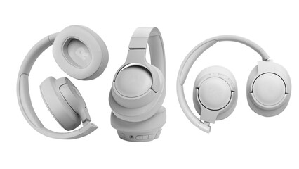 Closeup of light grey gaming headphones, isolated on white background.