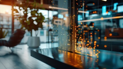 Modern office interior with warm lighting, tech-futuristic elements and a glass partition featuring digital data streams.