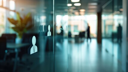 Fototapeta premium Modern office interior with glass partitions, blurred figures in the background, and a focus on office icon on the glass. Professional workspace vibe.