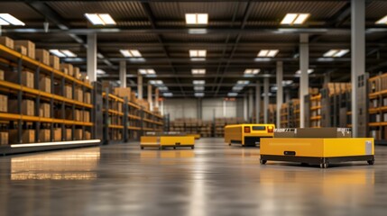 Modern automated warehouse with yellow robots sorting packages and shelves stocked with boxes, representing advanced logistics solutions.