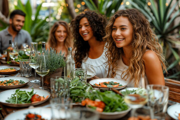 A joyful group of friends enjoying a healthy outdoor meal together, surrounded by lush greenery and vibrant atmosphere, conveying happiness and connection
