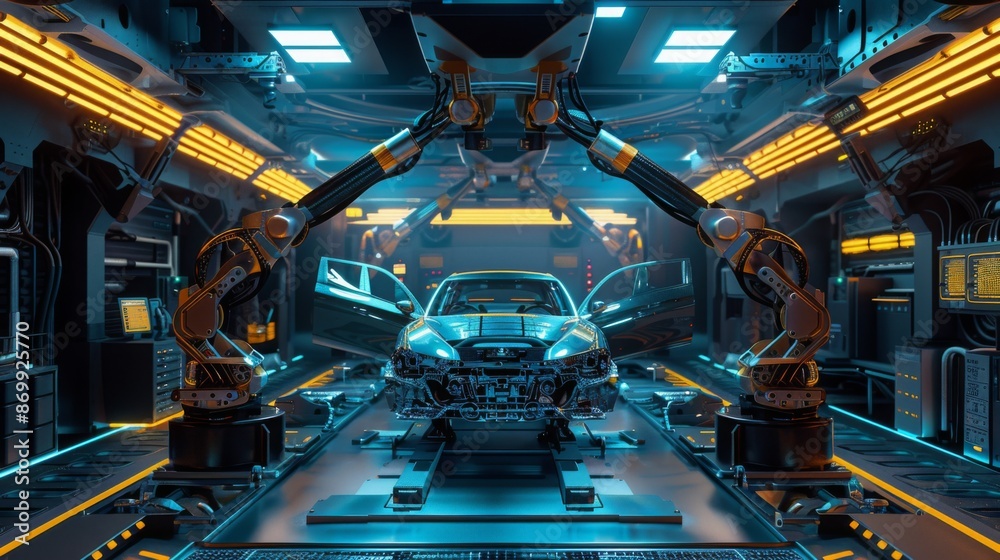 Leinwandbilder An image depicting a futuristic car manufacturing assembly line with robotic arms working on a car chassis. The image is set in a high-tech factory with bright blue and yellow lights.