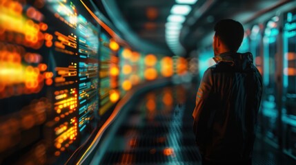 Man analyzing data on multiple screens in a futuristic server room. Concept of technology, cybersecurity, and data analysis.