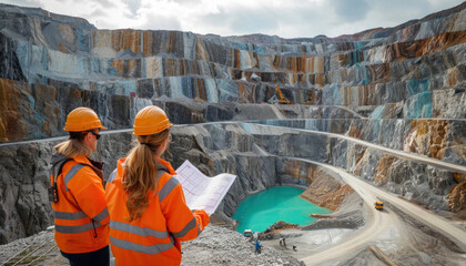 Two construction workers in hard hats and highvisibility clothing study a map in a quarry