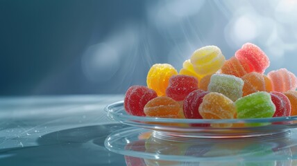 Colorful gummy candies on plate with bokeh background