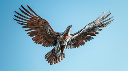 Fototapeta premium Bronze eagle sculpture with wings spread, set against clear blue sky