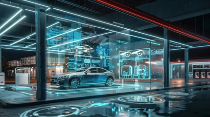 A futuristic car showroom with digital displays showcasing a sleek, silver car. The showroom is illuminated with bright lights, creating a modern and inviting atmosphere.