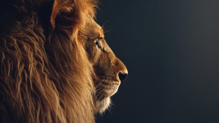 Naklejka premium Close-up of majestic lion's profile against dark background