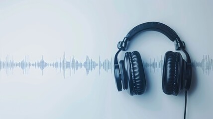 Black headphones with audio waveform on light background